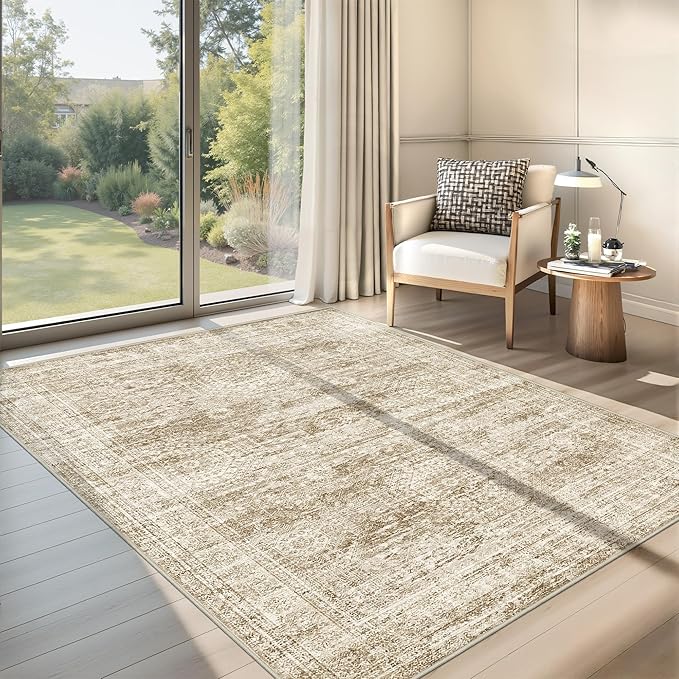 3x5 Washable Area Rug for Entryway, Soft Kitchen Rugs Non Slip for Dining Room, Vintage Abstract Living Room Rug, Thin Area Rugs Indoor for Bedroom, Kids Room Decor(3'x5', Brown/Ivory)