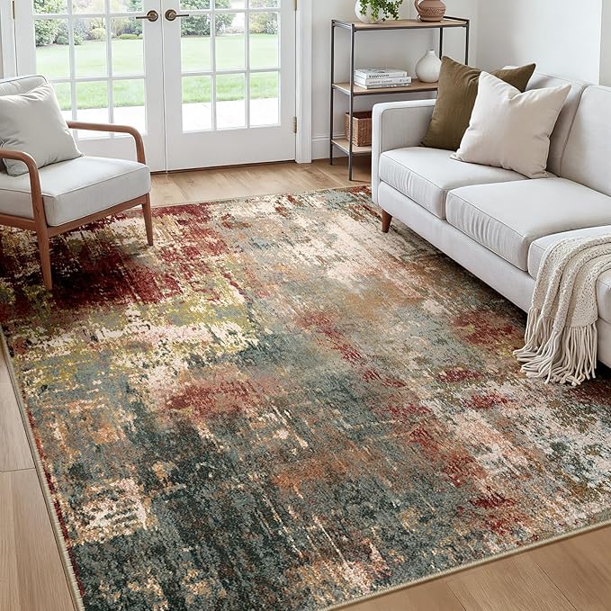 Washable Area Rugs Square 7ft Non-Slip Modern Abstract Soft for Living Room Entryway Bedroom Nursery, Print Pattern, Brown Rust Red Green Blue Multi