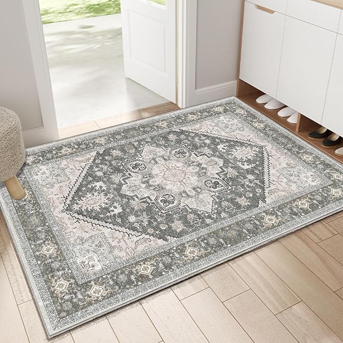 OPPODREAM Soft Throw Rugs 2x3, Small Washable Entryway Rugs 2 x 3 with Non Slip Backing, Low-Pile Faux Cashmere 2 x 3 Carpet, Greenish Grey