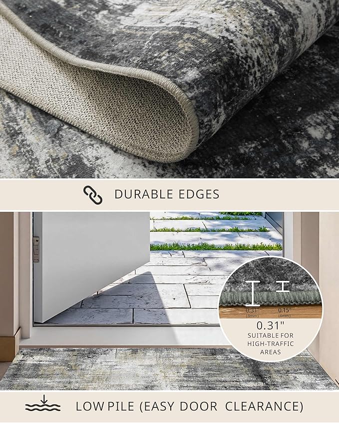 Latte&Fog 8x10 Area Rugs for Living Room, Large Black Modern Abstract Washable Rug, Boho Non Slip Low Pile Carpet for Indoor Bedroom Dining Room, Office, Dorm, Classroom, Farmhouse and Kids Room