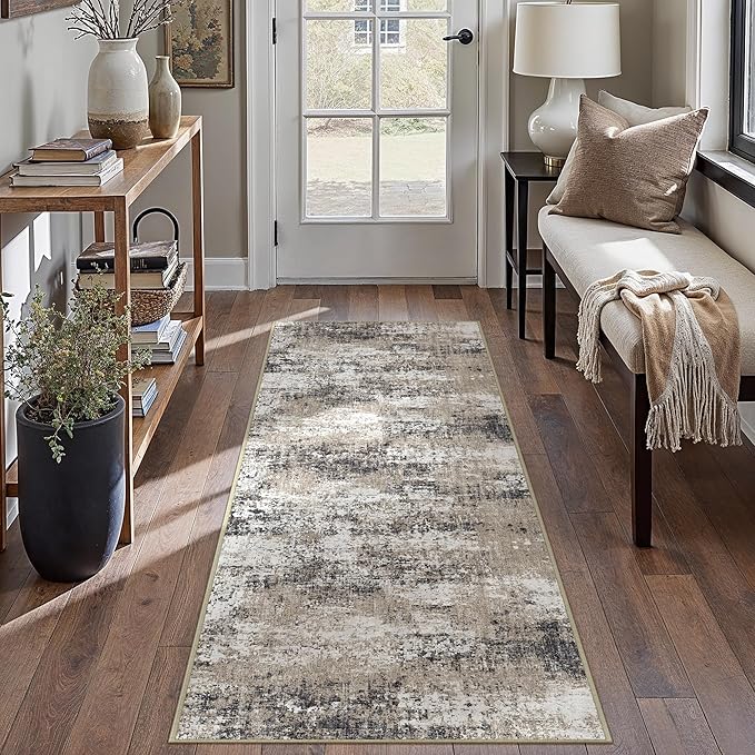 2x8 Abstract Runner Rug Brown Washable Modern Hallway Carpet Non Slip Ultra Soft Neutral Low Pile Contemporary Long Rug for Bathroom Laundry Kitchen Bedroom