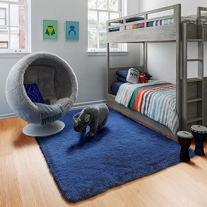 ONASAR Navy Area Rugs for Bedroom Living Room, 4x6 Blue Fluffy Indoor Bedside Floor Rug, Ultra Soft Plush Furry Fuzzy Shaggy Carpet for Nursery Kids Boys Teen Dorm Home Decor Aesthetic