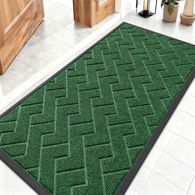 OLANLY Front Door Mat Indoor Outdoor Entrance, Waterproof All-Season, All-Weather Doormat, Sturdy Natural Rubber, Low Profile, Easy Clean Patio Porch Entryway Mat, Herringbone Brick (Green, 47x23)