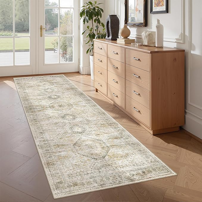 Washable Runner Rugs for Bedroom - 2x6 Runner Rug Non Slip, Ultra-Thin Entryway Runner, Soft Abstract Kitchen Runner for Hallway, Laundry, Bathroom, Indoor Door Mat(2'x6', Grey/Yellow)