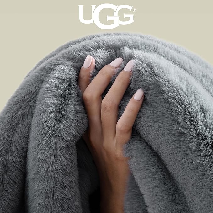 UGG Euphoria Faux Fur Throw Blanket, Oversized Soft Throw for Couch or Bed, Luxury Room Decor, Giftable Fuzzy Blankets, Machine Washable, 50-inch x 70-inch, Chambray Blue Grey