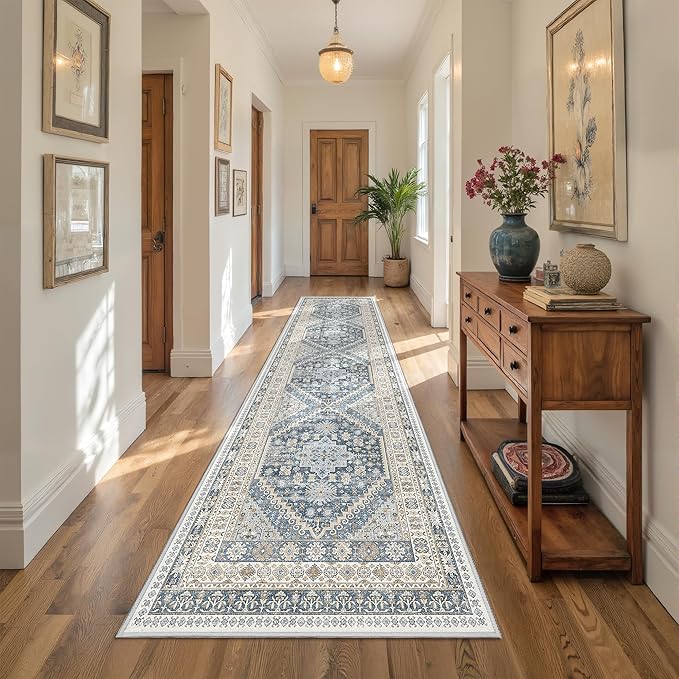 Runner Rug 2x10, Ultra-Thin Kitchen Rugs Non Slip Washable Rugs for Entryway Rug, Kitchen Runner Low Pile Vintage Soft Carpets for Living Room, Bathroom Bedroom (Blue/Beige,2'x10')
