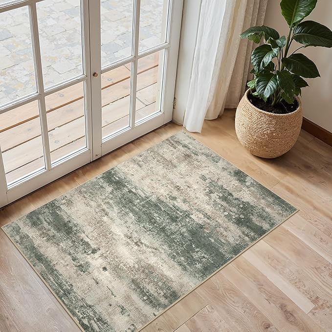 2x3 Rugs for Entryway Entrance Kitchen Bathroom, Machine Washable Modern Abstract Soft Area Rug, Indoor Floor Carpet with Non Slip Rubber Backing, Grey/Dark Green