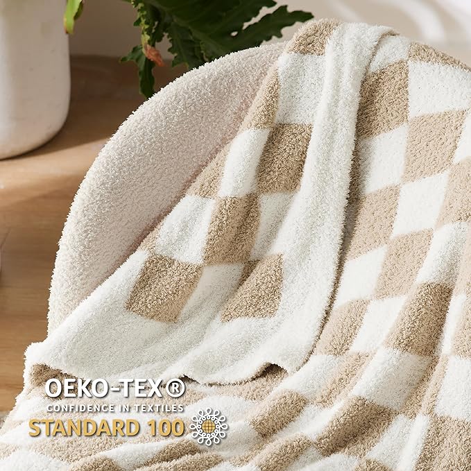 Bedsure GentleSoft Checkered Twin Blanket for Couch, Super Soft Cozy & Warm Knit Throw Blanket, Lightweight & Fluffy Plaid Blankets for Bedding, Sofa, Gifts for Women Men, Beige, 60x80 Inches
