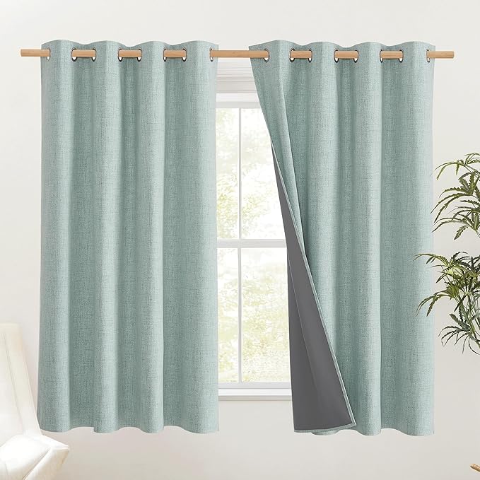 NICETOWN 100% Absolutely Blackout Linen Curtains with Thermal Insulated Liner, Seafoam Green, 52" Wide, 45" Length Energy Saving Curtains for Living Room 2 Panels Set, Vertical Blinds