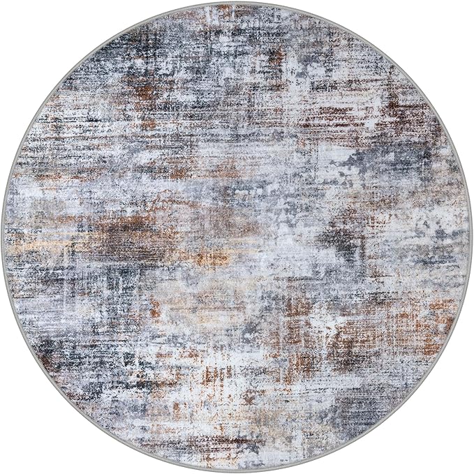 IOHOUZE Abstract Round Area Rug 6 Ft Washable Circle Rugs Large Round Rug Non Slip Thin Soft Circle Rugs, Printed Faux Wool Floor Carpet for Bedroom Living Room Dining Room Nursery, Orange Grey