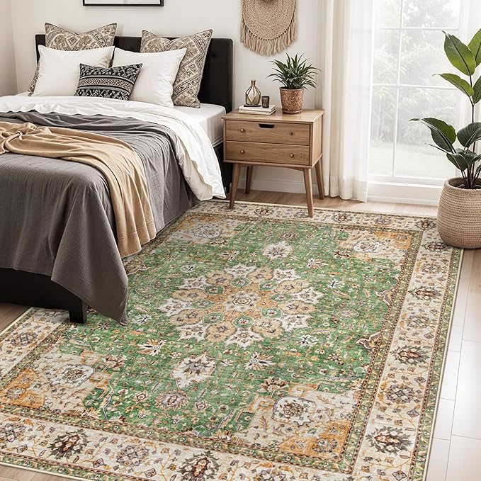 Area Rug 5x7 Washable Rug, Vintage Boho Medallion Rugs Non-Slip Soft Low Pile Large Distressed Rug Indoor Retro Carpet for Living Room Bedroom Dining Room Home Office (Vintage Green, 5'x7')