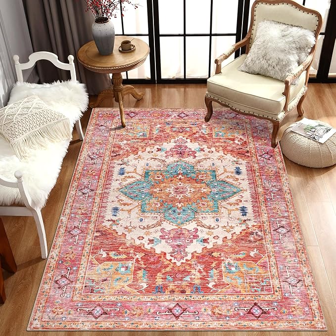Yamaziot Washable Area Rug, 4x6 Non-Slip Boho Vintage Living Room Bedroom Rug with Rubber Backing, Low Pile Faux Wool Soft Distressed Rug Floor Carpet for Living Room, Laundry, Kids Playroom (Pink)