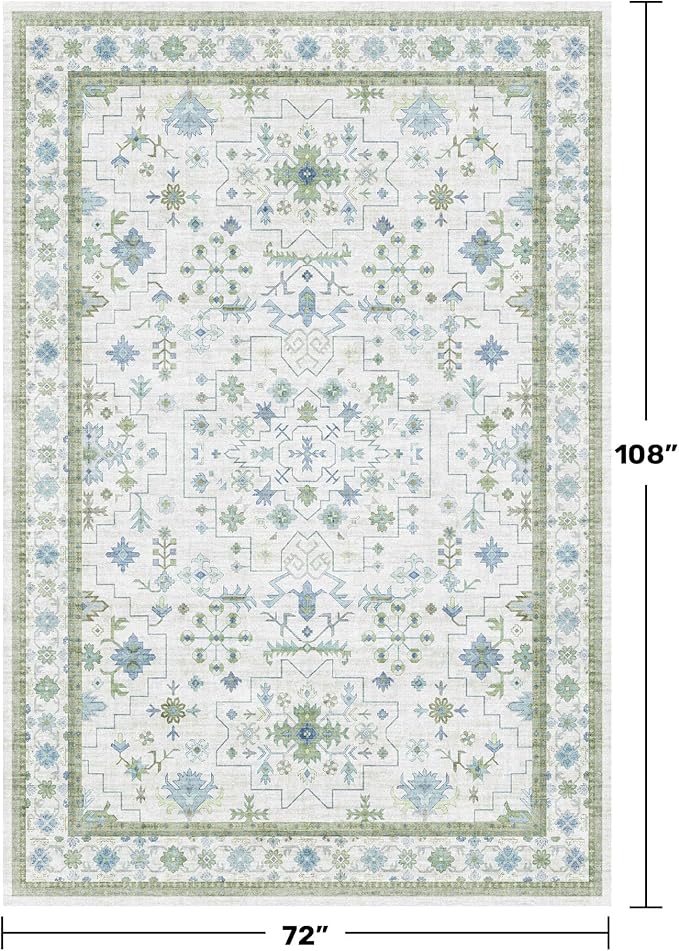 Hazo Haus Cream Oushak 6x9 Bedroom Rug - Boho Floral Cool Blue and Green, Washable Low Pile Non-Slip Ultra-Thin Large Area Rugs for Bed Room, Living Room, Playroom