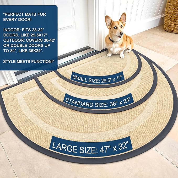 OLANLY Half Circle Door Mat Indoor Outdoor Entrance Welcome, Waterproof All-Season, All-Weather Doormat, Sturdy Natural Rubber, Low Profile, Easy Clean Patio Porch Entryway Mat, 29.5x17, Beige