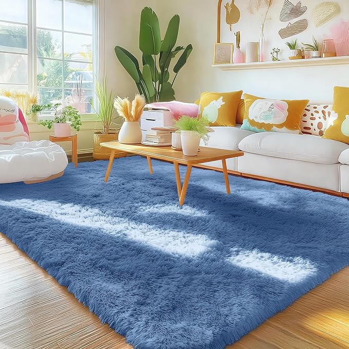 OLANLY Area Rugs for Living Room Bedroom, Machine Washable 4x5.9 ft Soft Fluffy Shaggy Bedside Rug, Indoor Floor Carpet for Kids Girls and Boys, Dorms, Nursery Rooms, Home Decor Aesthetic, Blue