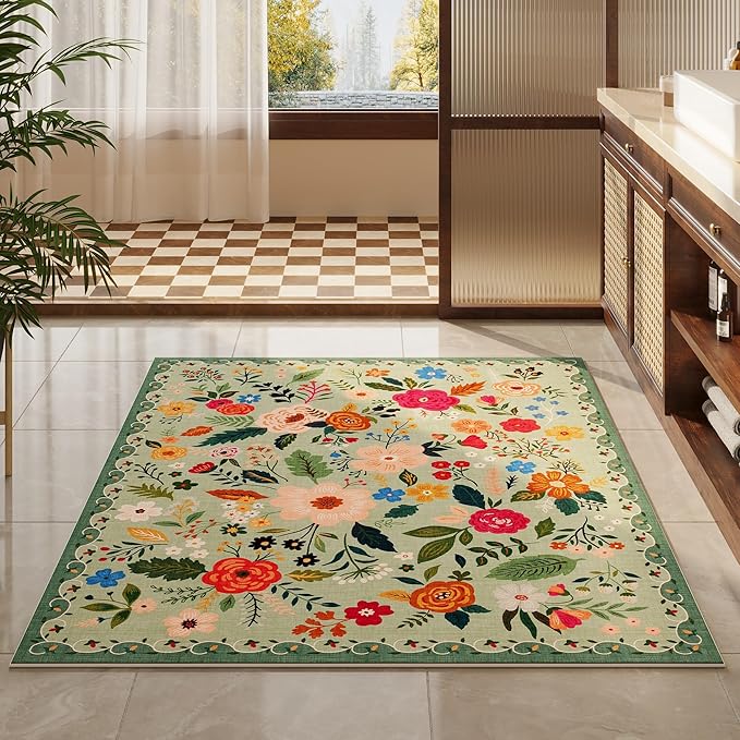 Rugcomf Bedroom Rug 3x5 Rug Washable Area Rug Non Slip Low Pile Boho Floral Small Carpet for Bedroom, Bedside, Kitchen, Entryway, Kids Room, Office, College Dorm Essentials for Girls(Green)