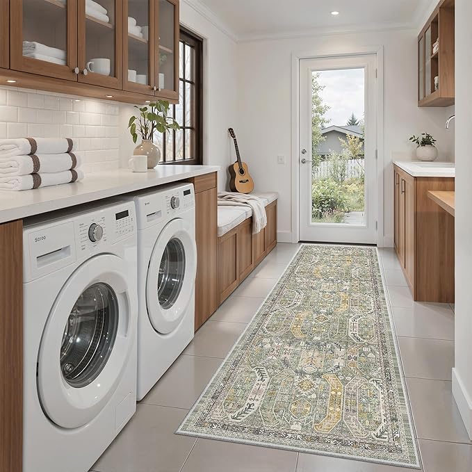 Madane Washable Runner Rug - 2x6 Rug Runners for Hallways 6 Feet Non Slip Vintage Kitchen Runner Rug Ultra-Thin Bathroom Runner Rugs Carpet Laundry Room Bedroom (2x6ft, Green/Gold)