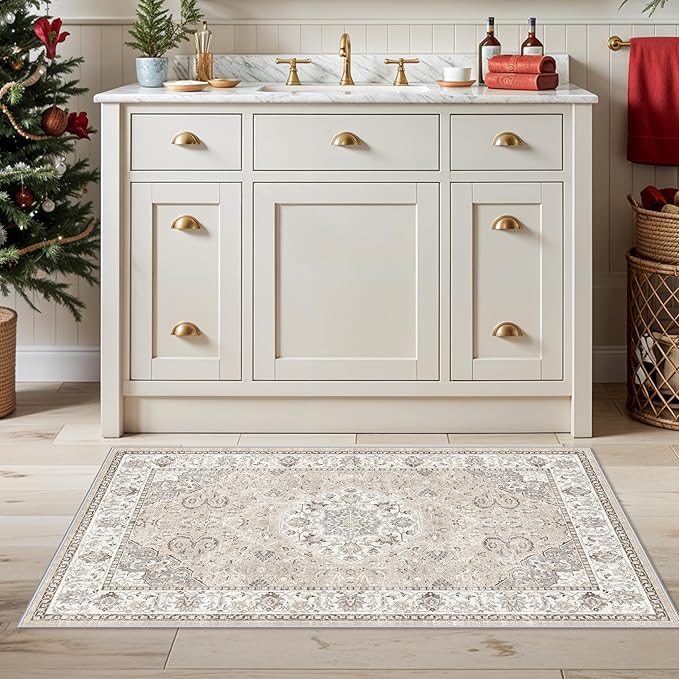 Washable 2x4 Entryway Area Rugs: Vintage Water Resistant Kitchen Rug Non-Slip Durable Doormat Ultra Soft Living Room Bedroom Carpet Indoor Low Pile Floor Mat for Bathroom Dining Room(2x4,Beige)
