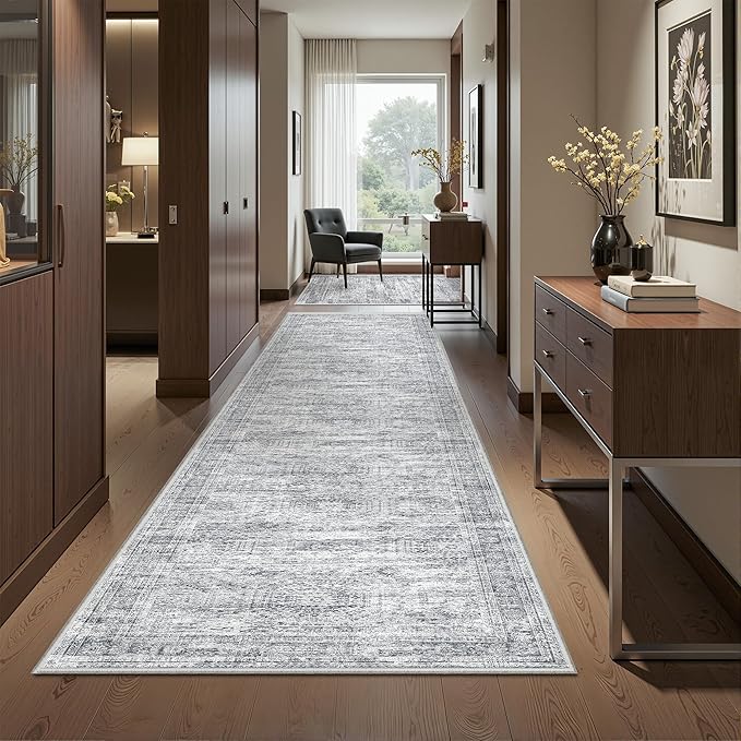 Kitchen Runner Rugs Non Skid Washable - 2.5 x 10 Runner Rug with Anti Slip Backing, Ultra-Thin Soft Rug Runner for Hallway, Bedroom, Living Room (2.5'x10', Grey/Ivory)