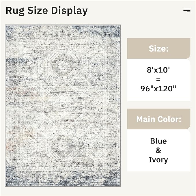 Washable Area Rug 8x10, Large Soft Rugs for Living Room Vintage 8x10 Area Rugs for Bedroom Dining Room Non-Slip Stain Resistant Under Table Blue Ivory Rug