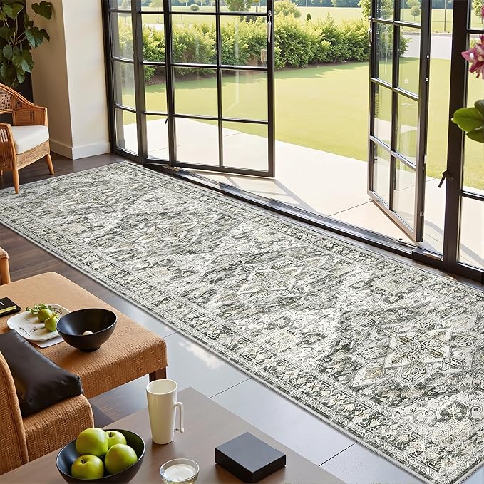 Runner Rug 2x10, Ultra-Thin Kitchen Rugs Non Slip Washable Rugs for Entryway Rug, Kitchen Runner Low Pile Vintage Soft Carpets for Living Room, Bathroom Bedroom (Grey/Beige,2'x10')