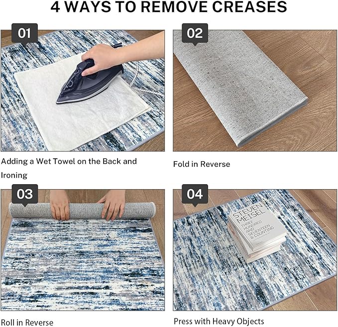 Lansny Modern Abstract Bedroom Runner Rug 2x7, Grey Blue White Washable Kitchen Runner, Non-Slip Soft Thin Faux Wool Mat for Entryway, Hallway, Laundry Room, Indoor Home Decor