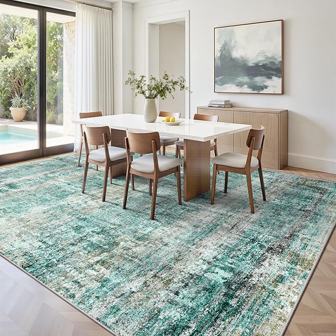 LEPEII 8x10 Area Rugs, Machine Washable Low Pile Rugs for Living Room, Modern Abstract Area Rugs for Bedroom, Large Area Rug with Non-Slip Backing for Dining Room-Green