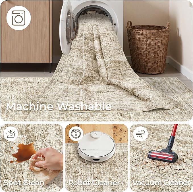 8x10 Area Rugs for Living Room, Non-Slip Backing Large Washable Rug for Nursery Room, Vintage Abstract Bedroom Rugs, Thin Indoor Home Decor Soft Farmhouse Rug (8'x10', Brown/Ivory)