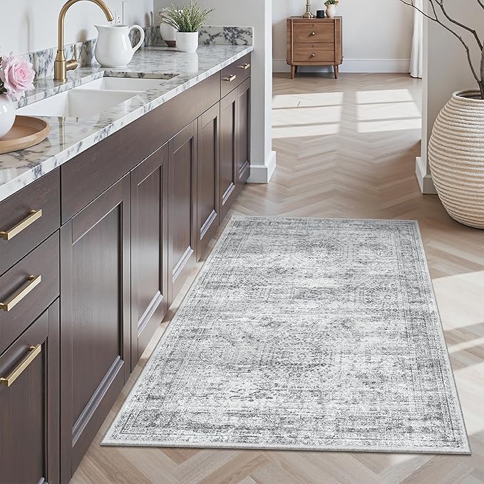 3x4 Rug, Small Area Rug for Kitchen, Entryway, Machine Washable Non-Slip Throw Rug, Vintage Carpet for Nursery Coffee Table Grey
