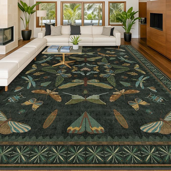 Hazo Haus Forest Green Rugs for Living Room - 9x12 Big Rugs for Bedroom, Dining Room, Guest Room, Insect Moth Décor, Non Slip Low Pile