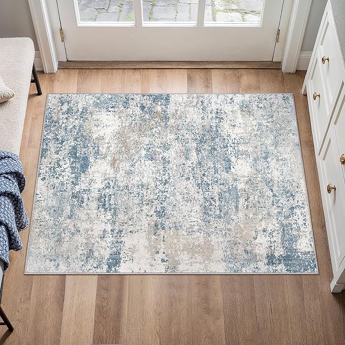 Blue 2x3 Area Rug Washable Abstract Entryway Carpet Modern Neutral Non Slip Door Mat Soft Low Pile Contemporary Aesthetic Small Bedroom Throw Rug for Kitchen Laundry Dining Room