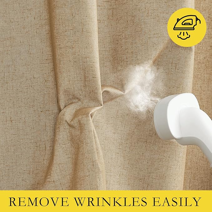 NICETOWN 100% Absolutely Blackout Linen Curtains with Thermal Insulated White Liner, Camel, W52 x L108, 2 Panels, Textured Linen Look Noise Reducing Window Treatments Drapes for Bedroom/Living Room