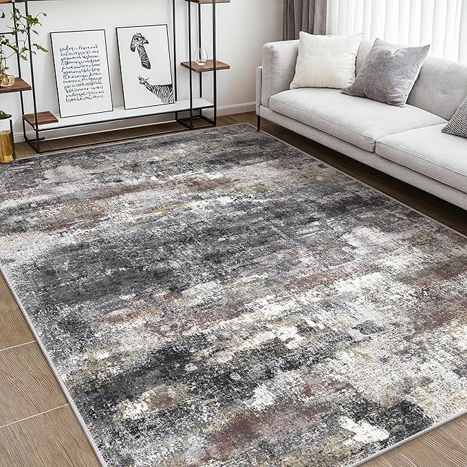 Area Rugs 9x12 for Living Room Bedroom, Large Modern Abstract Machine Washable Soft Dark Gray Rug, Floor Carpet with Non Slip Backing for Dining Room