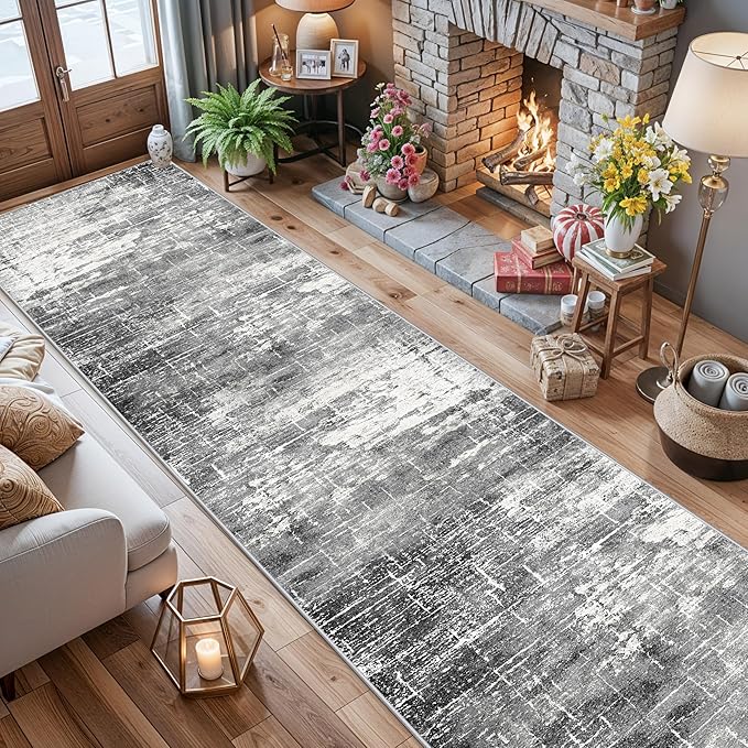 Abstract 14ft Long Runner Rug: Non-Slip Washable Rug Runner Low-Pile Soft Beside Carpet Indoor Farmhouse Entryway Floor Mat Bathroom Living Room Cozy Stain Resistant Area Rugs(2'6x14,Black/Grey)