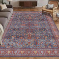 Washable Area Rug 6' x 9' Vintage Traditional Persian Mat - Foldable Distressed Non-Slip Machine Washable Carpet for Living Room Bedroom Kitchen Home Decor - Indigo and Crimson