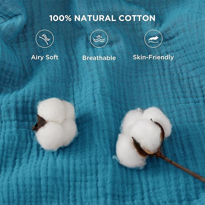 Bedsure 100% Cotton Muslin Blanket Queen Size for Bed - 4-Layer Breathable and Lightweight Thin Soft Summer Gauze Muslin Blankets for Adults, Teal, 90x90 Inches