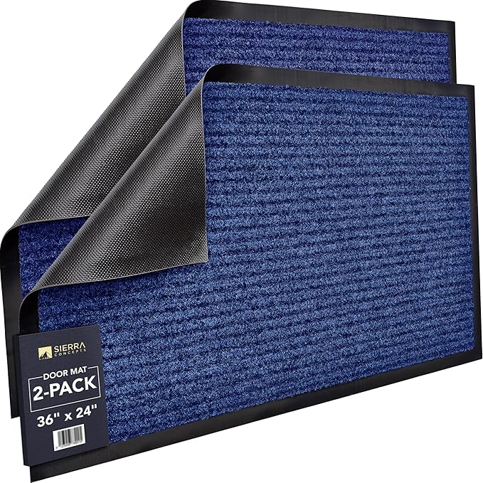 Sierra Concepts Front Door Mat Large Welcome Floor Mats - Entryway Indoor Outdoor Entrance Doormat, Patio, Porch, Muddy Dog Shoe, Inside Outside Low Profile 36x24in, 2-Pack Blue