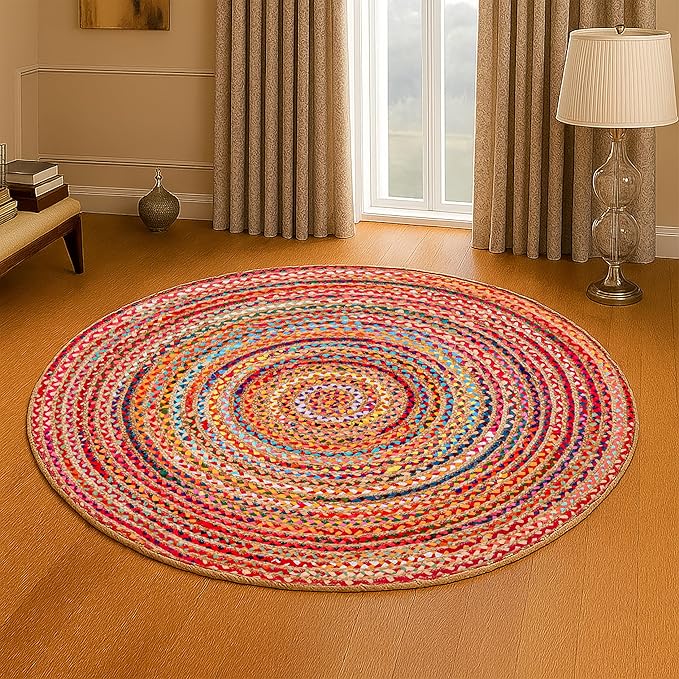 Hausattire Bohemian Braided Rug 5' Round - Multi Color, Rustic Hand Woven Rag Rugs for Kitchen, Kids Bedroom, Living Room | Colorful Farmhouse Pet Friendly Reversible Decorative Carpet