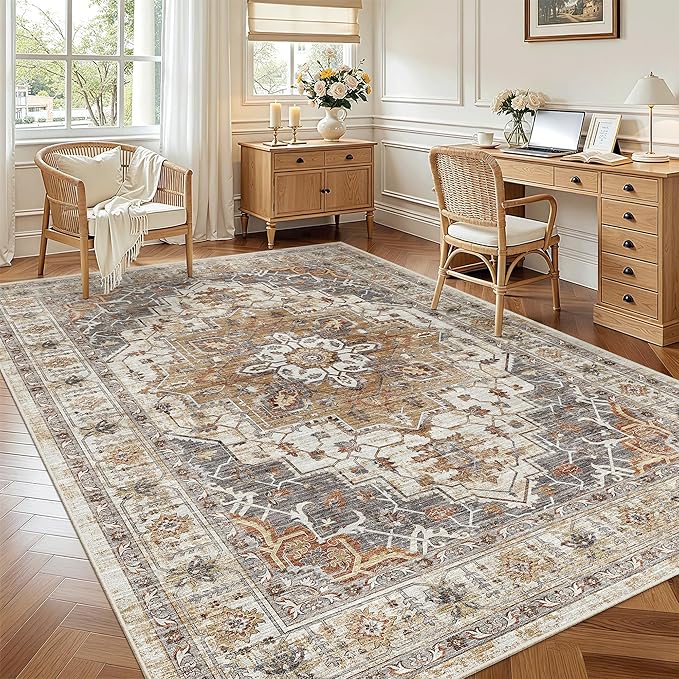 Madane 6x9 Area Rugs for Living Room, Stain Resistant Washable Rugs, Non-Slip Backing Area Rug, Vintage Home Decor Rug for Bedroom (Turmeric/Grey, 6'x9')