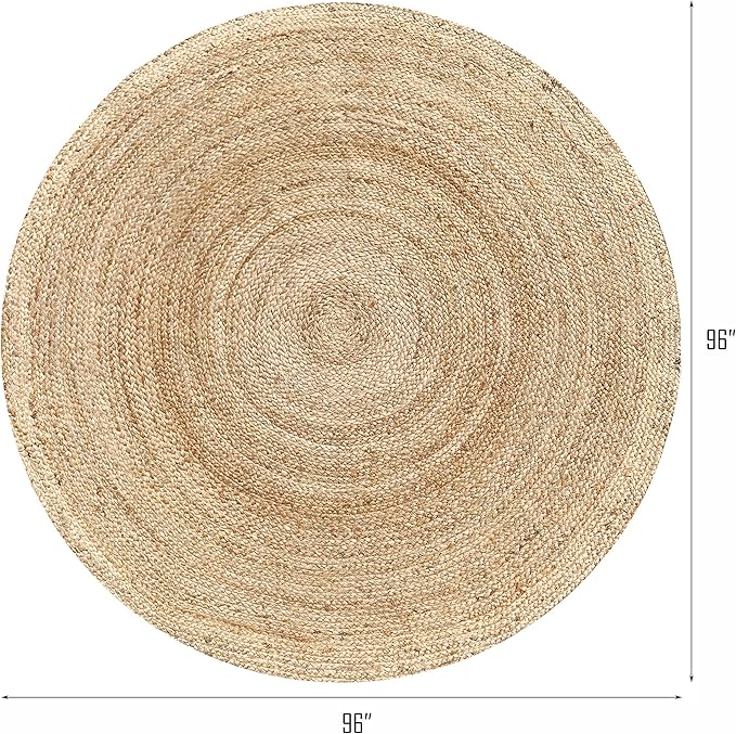 Hausattire Jute Braided Hand Woven Rug, 8 Feet Round – Natural, Boho Large Area Rugs for Bedroom, Living Room | Farmhouse Décor Kitchen Floor Rug – 8’ Round