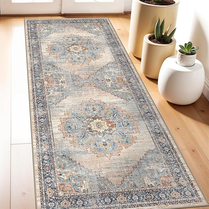 TOPRUUG Washable 3x7 Runner Rug: 7ft Non-Slip Stain Resistant Rugs for Hallway Durable Light Weight Blue Kitchen Mat Ultra Thin Soft Low-Pile Floor Mat for Bedroom Entryway Home Decor (Blue, 3X7)