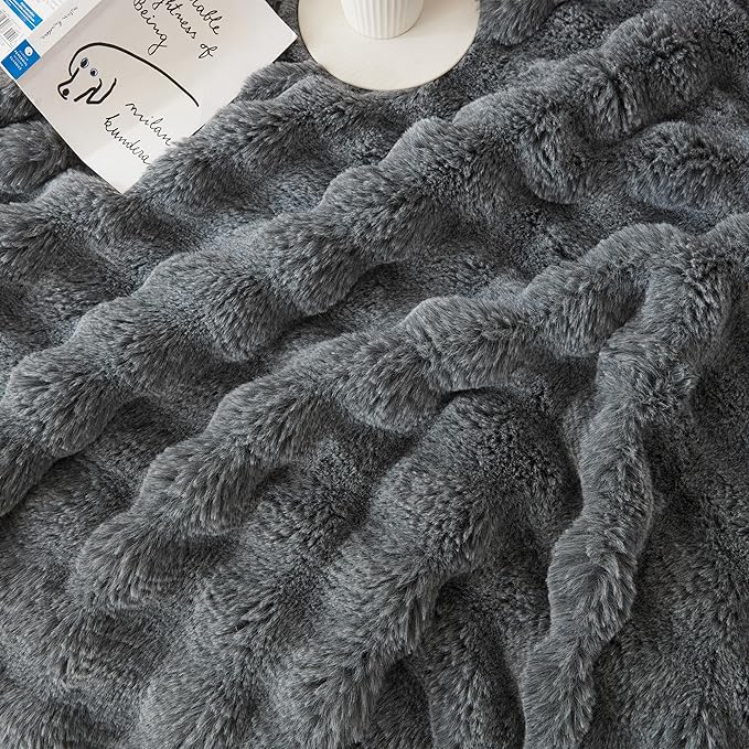 COOVA Faux Fur Throw Blanket for Couch, Cozy Soft and Fuzzy Plush Rabbit Fur Bubble Blanket for Sofa Bedroom Living Room, 60x80 Inches Cationic Light Grey