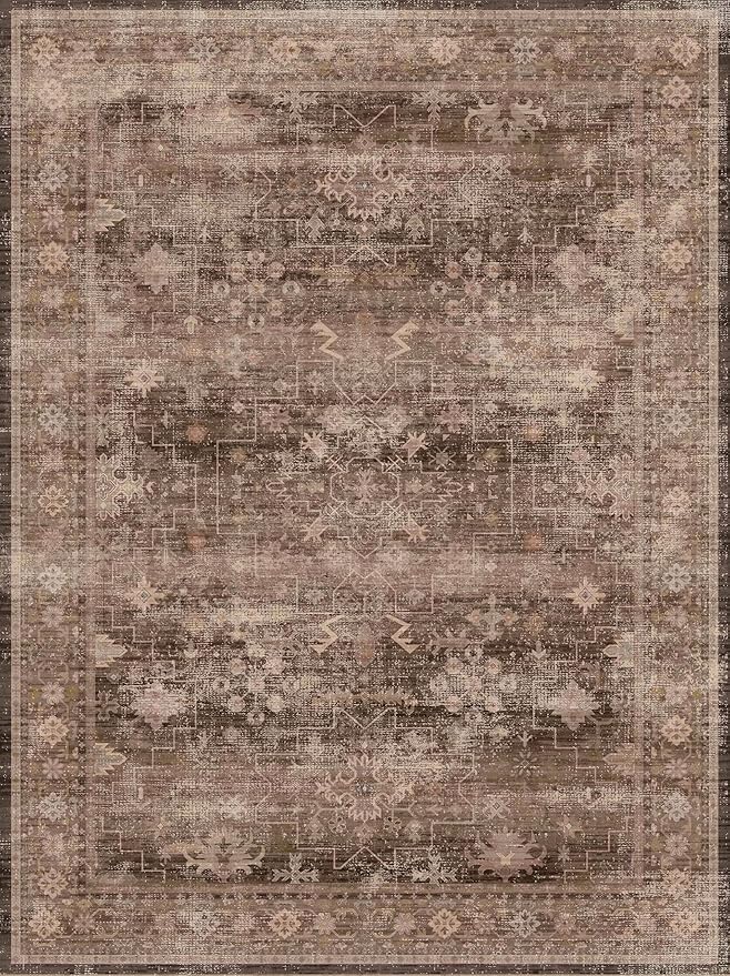 Hazo Haus Brown 9x12 Living Room Rug - Vintage Western Eclectic Unique Neutral Taupe, Washable Low Pile Non-Slip Large Area Rugs for Dining Under Table Bedroom Under Bed