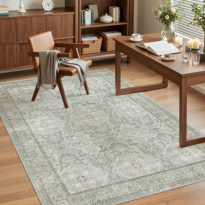 3x5 Rug, Small Area Rug for Kitchen, Entryway, Machine Washable Non-Slip Throw Rug, Vintage Carpet for Nursery Coffee Table Green/Brown