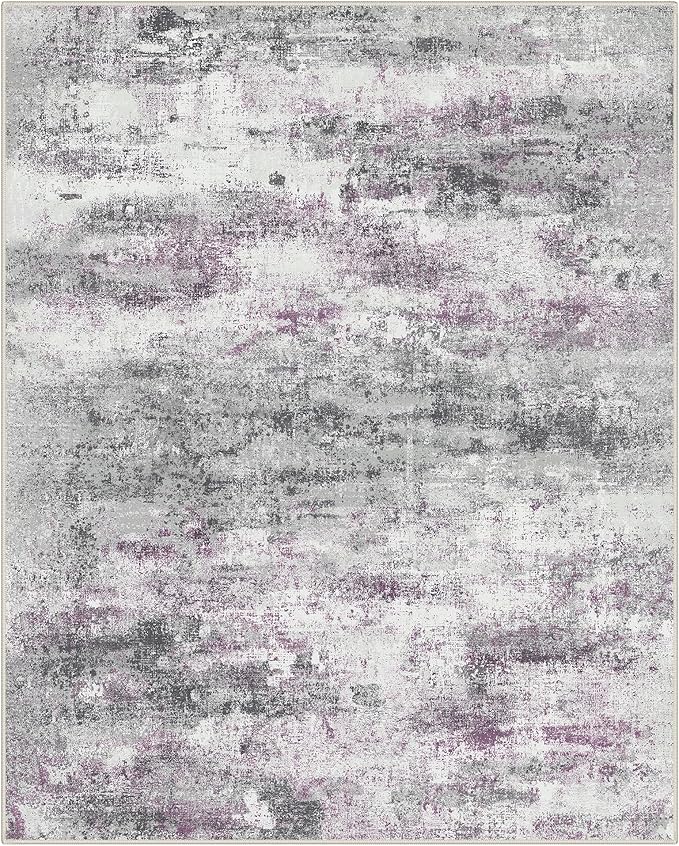 Area Rugs 8x10 for Living Room Bedroom, Modern Abstract Machine Washable Rug, Large Soft Low Pile Floor Carpet with Non Slip Backing for Dining Room, Grey/Purple