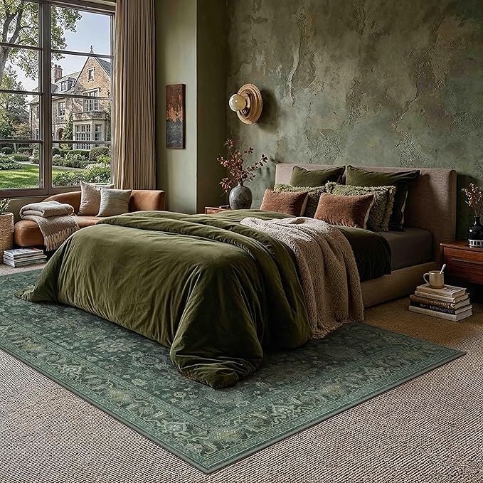 6x9 Washable Area Rug for Living Room Bedroom Vintage Green Carpet Soft Low Pile Traditional Retro Non Slip Throw Rug for Dining Room Entryway Indoor Dorm Kitchen