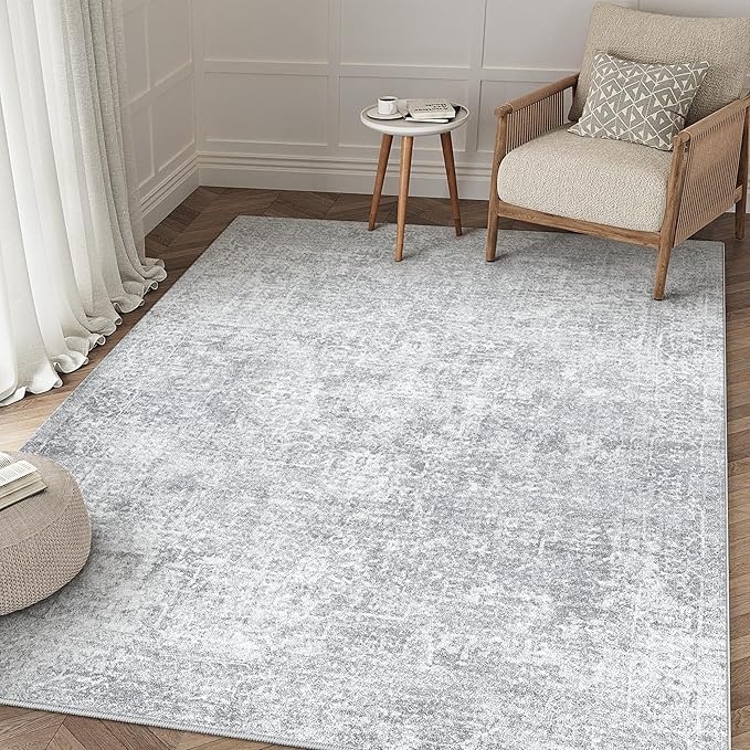 PureCozy 3x5 Area Rug Washable Vintage Entryway Living Room Carpet Indoor Office Non Slip Grey Entrance Distressed Low Pile Retro Accent Throw Rug for Dining Room Bathroom Bedroom Laundry