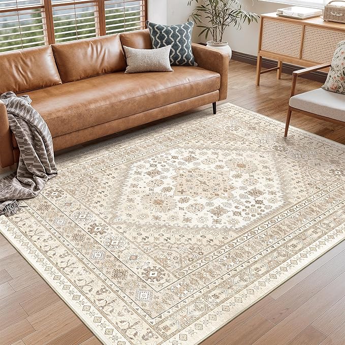 Area Rugs 5x7, Ultra-Thin Washable Rugs for Living Room, Anti-Slip Backing Area Rug for Bedroom, Soft Floral Vintage Home Decor Rug for Dining Room(Cream/Beige,5'x7')