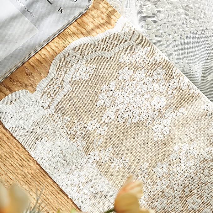 YJ YANJUN Vintage Lace Curtains 63 Inches Length- Elegant Victorian Floral Ivory Sheer Curtain Panels for Living Room Bedroom Kitchen, Scalloped Edges Rod Pocket, 2 Panels 52W x 63L Cream
