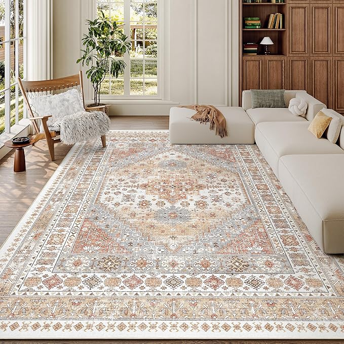 zesthome 5x8 Area Rugs - Ultra-Thin Washble Rug, Stain Resistant Anti Slip Backing Rugs for Living Room,Bedroom, Vintage Home Decor Area Rug (Orange,5'x8')